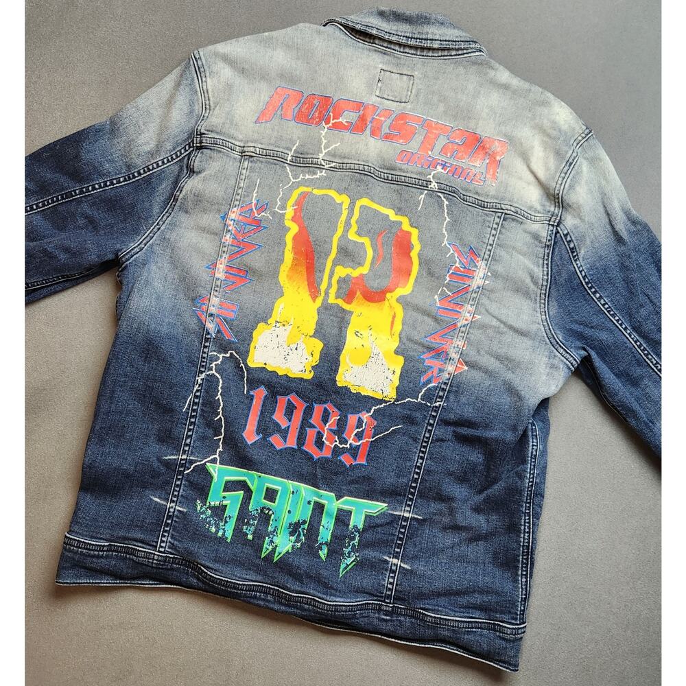Rockstar Original Denim Jacket Mens‎ XXL Blue Saint Sinner Distressed Streetwear